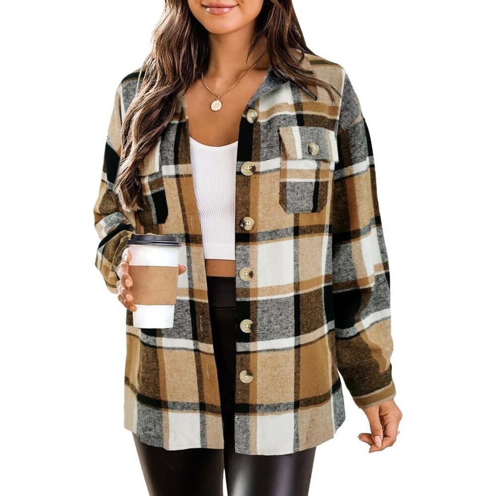 Womens Flannel Plaid Shacket Jacket Button Down Cropped Casual Coat S-XXL